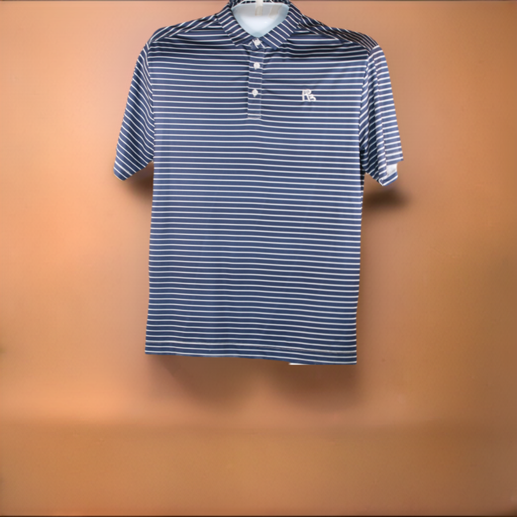 Men's Navy Blue Golf Polo Short Sleeve Shirt White Striped Performance Moisture Wicking Dry Fit Golf Shirt