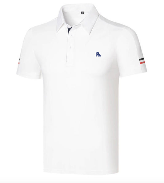 Men's Golf Polo Shirts Short Sleeve White with Striped Sleeve