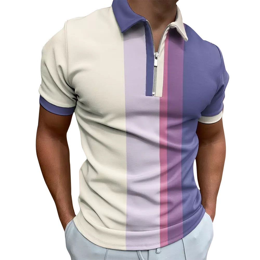 Men's Multi Color Retro Athletic Outdoor Zippered Polo Shirts Quick Dry Short Sleeve