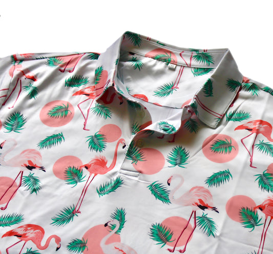 Flamingos and Palms Men's Golf Polo Short Sleeve Shirt | Performance Moisture Wicking Dry Fit Golf Shirt